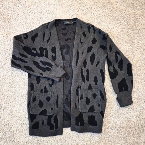 ZESICA Leopard Print Open Front Cardigan Sweater with Pockets Grey Black Medium - Picture 1 of 6